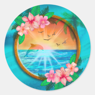 Sticker Rond Plage d'été Océan oiseaux volent dans le ciel et v