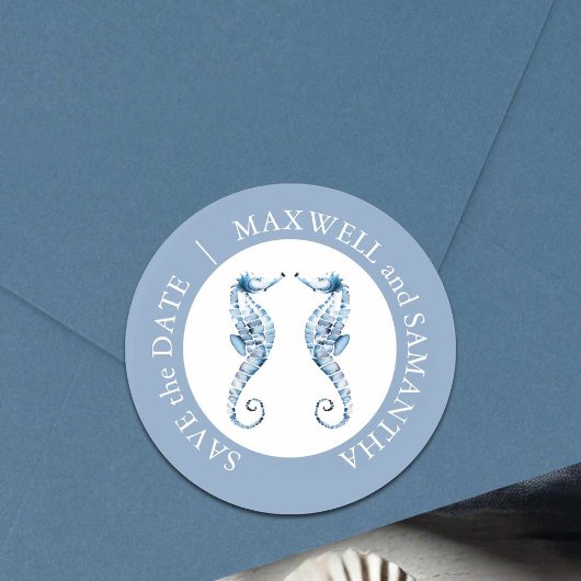 Sticker Rond Plage Mariage Aquarelle Seahorses Bleu