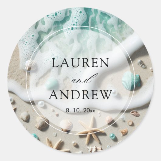 Sticker Rond Plage Océan Mariage personnalisé (Devant)