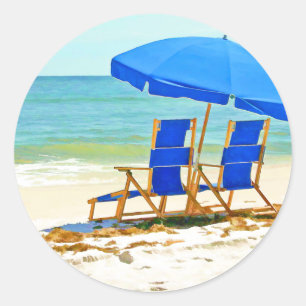 Sticker Rond Plage, parapluie et chaises au rivage