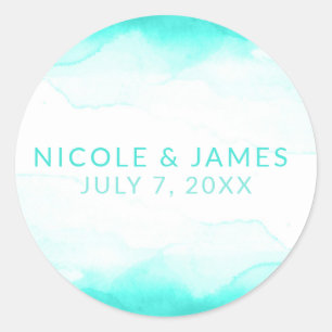Sticker Rond Plage sarcelle Eau bleu aqua Aquarelle Mariage Mod