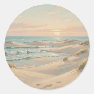 Sticker Rond Plage Tranquille Coucher de Soleil Dunes Vagues Oc