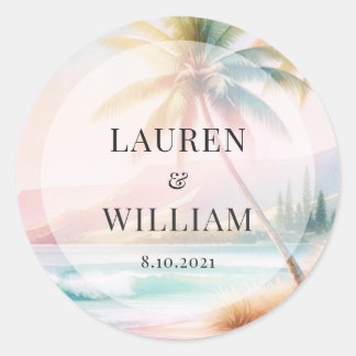 Sticker Rond Plage tropicale aquarelle Palm Tree Mariage