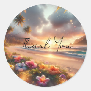 Sticker Rond Plage tropicale enchantée avec Hibiscus magique