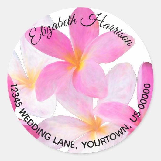 Sticker Rond Plage Tropicale Fleur de Frangipanier Rose Adresse (Devant)