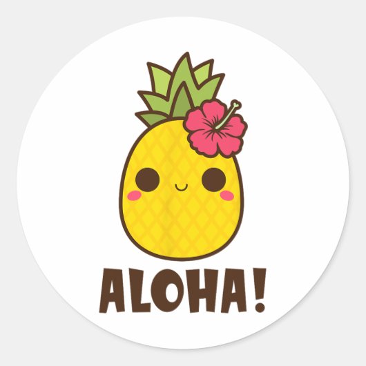 Sticker Rond Plages d'Aloha Kawaii Cute Pineapple Hawaii Hawaii (Devant)