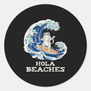 Sticker Rond Plages de chats drôle Japonais Hola Chat Surf