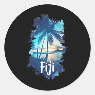 Sticker Rond Plages de palmiers de Fidji Coucher de soleil Souv