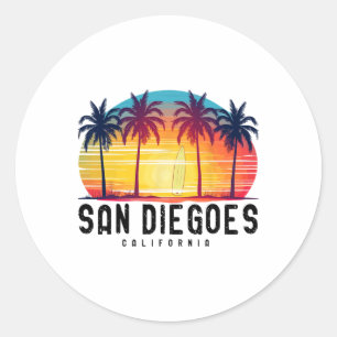 Sticker Rond Plages Retro San Diego Californie Surf Surfboa