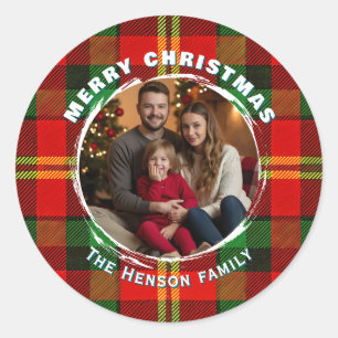 Sticker Rond Plaid de photo de famille personnalisé traditionne