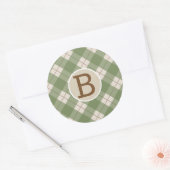 Sticker Rond Plaid Kraft Monogram Rustique Vert Rouge Campagne (Enveloppe)