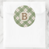 Sticker Rond Plaid Kraft Monogram Rustique Vert Rouge Campagne (Sac)