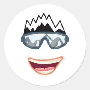 Sticker Rond Planche à neige drôle Snowboardeur Ski Visage Drôl