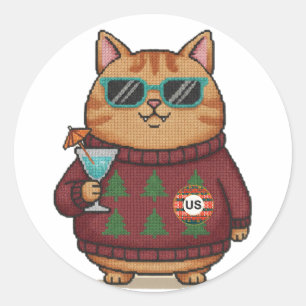 Sticker Rond Planche d'autocollants de Noël de chat de pull moc