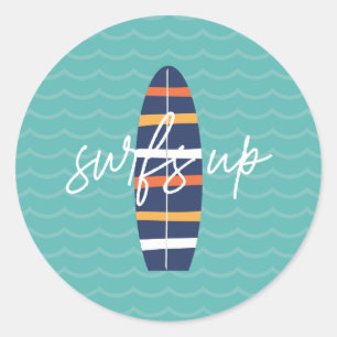 Sticker Rond Planche de surf et fête d'anniversaire Surfs Up