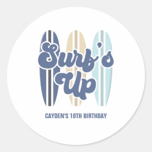 Sticker Rond Planche de surf Surf's Up Beach Anniversaire Class