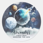 Sticker Rond Planètes spatiales et Rockship Anniversaire (Devant)