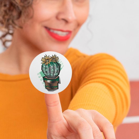 Sticker Rond Plante Cactus Dans Un Pot