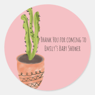 Sticker Rond Plante de cactus en terre cuite rose dessinée à la