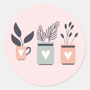 Sticker Rond Plantes de pot moderne rose et gris pastel