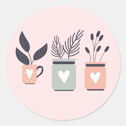 Sticker Rond Plantes de pot moderne rose et gris pastel (Devant)
