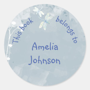 Sticker Rond Plaque de livre de libellules Bleu Blanc