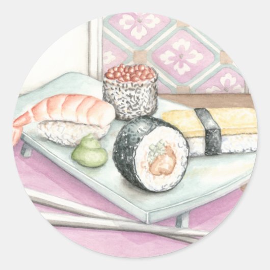 Sticker Rond Plaque de sushi assorté avec baguettes (Devant)