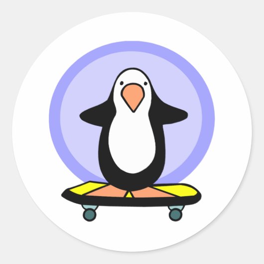 Sticker Rond Plat Skateboarder Pingouin Skateboard Fun (Devant)