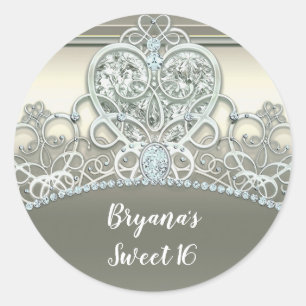 Sticker Rond Platine ivoire princesse coeur Tiara fête d'annive