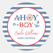 Sticker Rond Playful Striped Blue Red Nautical Ahoy Boy (Devant)