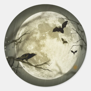 Sticker Rond Pleine lune avec corneille et chauves-souris