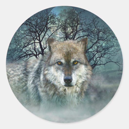 Sticker Rond Pleine lune de loup dans le brouillard (Devant)