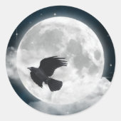 Sticker Rond Pleine lune sur daim bleu avec corbeau (Devant)