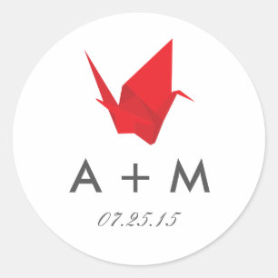 Sticker Rond Pliage de grues en origami Monogramme de mariage