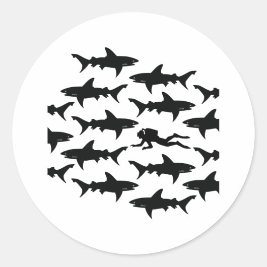 Sticker Rond Plongée plongée nage avec une école de requins (Devant)