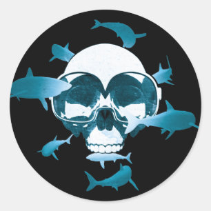 Sticker Rond Plongée sous-marine Crâne et requins Design graphi