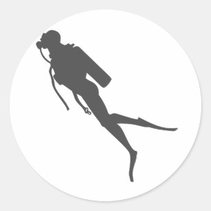 Sticker Rond Plongeur de scuba en silhouette noire