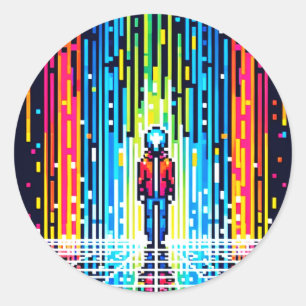 Sticker Rond Pluie numérique Cyberpunk Pixel Art Futuriste