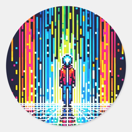 Sticker Rond Pluie numérique Cyberpunk Pixel Art Futuriste (Devant)