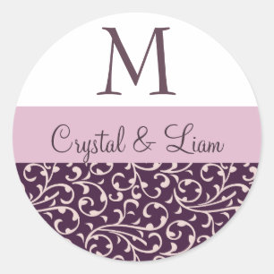 Sticker Rond PLUM et LILAC PINK Mariage damassé Monogramme