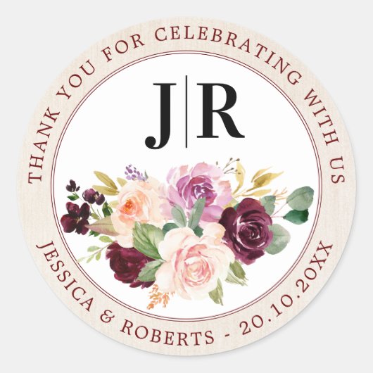 Sticker Rond Plum Purple Blush rose Merci Floral (Devant)