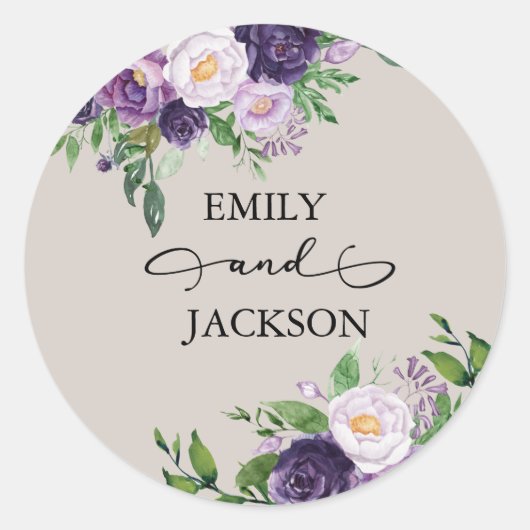 Sticker Rond Plum Purple Lavande Verdure Gris Mariage (Devant)