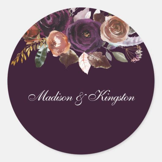 Sticker Rond Plum violet Pêche Bourgogne Fleurs Mariage Nom (Devant)