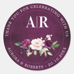 Sticker Rond Plum violet rose rose rose rose Roses Mariage Merc