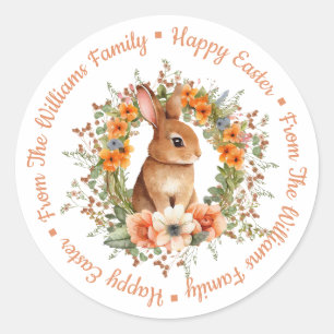 Sticker Rond plume de pâques heureux floral lapin orange script