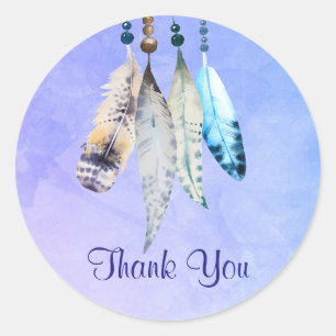 Sticker Rond Plumes d'aquarelle Merci sur bleu violet