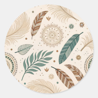 Sticker Rond Plumes de Boho et design feuille