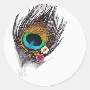 Sticker Rond Plumes de paon hyper réalistes avec Patter floral