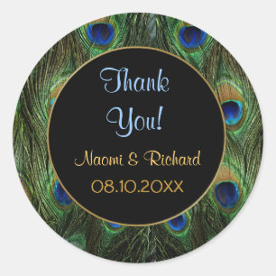 Sticker Rond Plumes de paon -Merci - Personnaliser