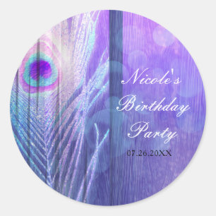 Sticker Rond Plumes de paon violet Glam Boho Party Favoriser